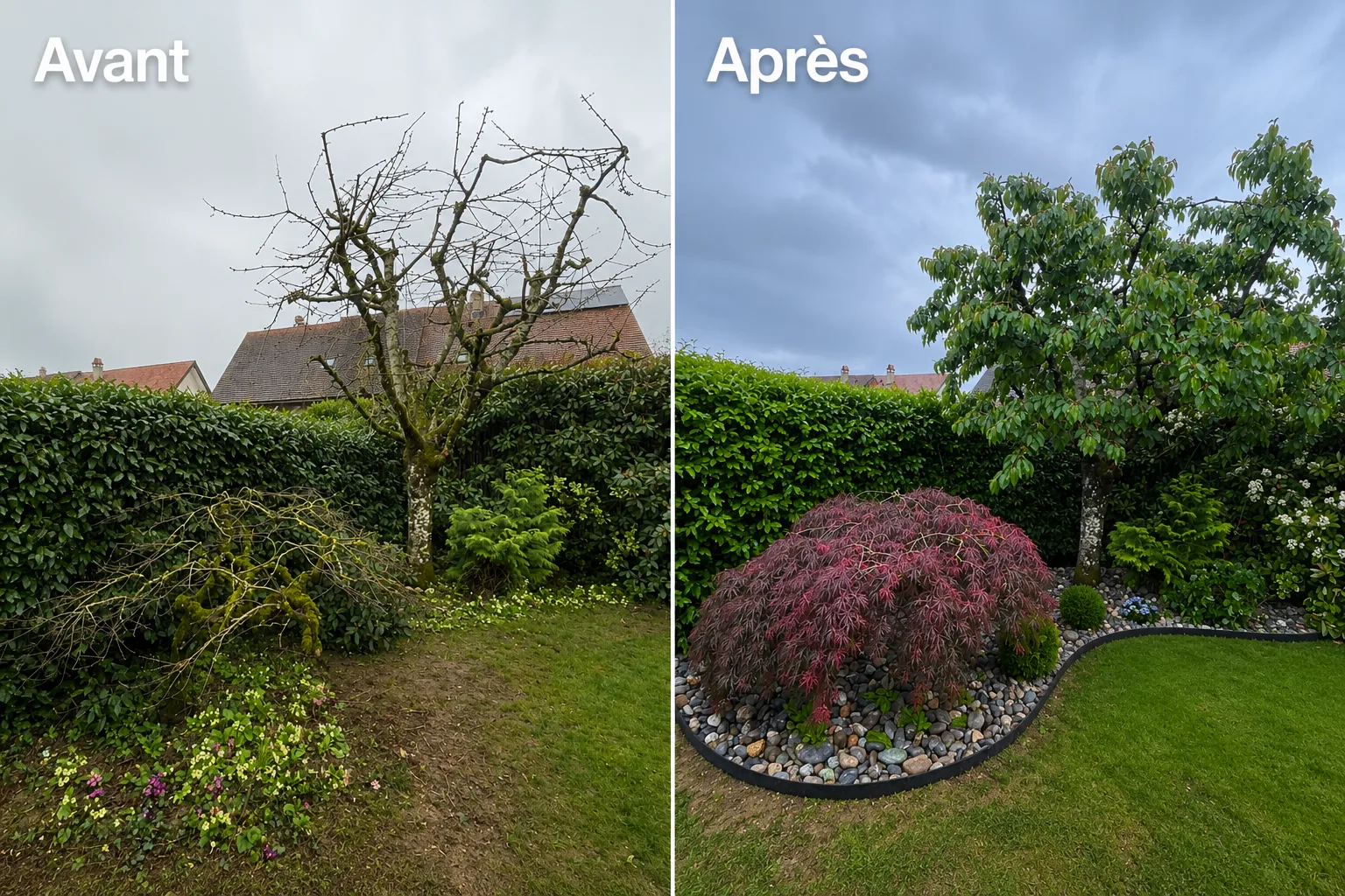 Jardin avant et après nettoyage et plantation